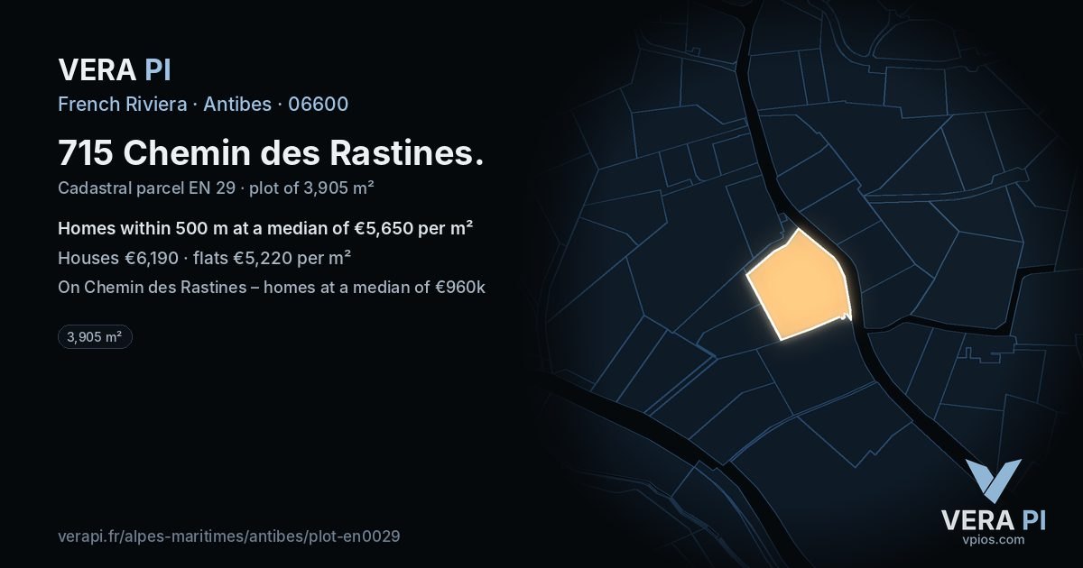 715 Chemin des Rastines, Antibes at night – the plot lit, the parcels around coloured by the prices near them