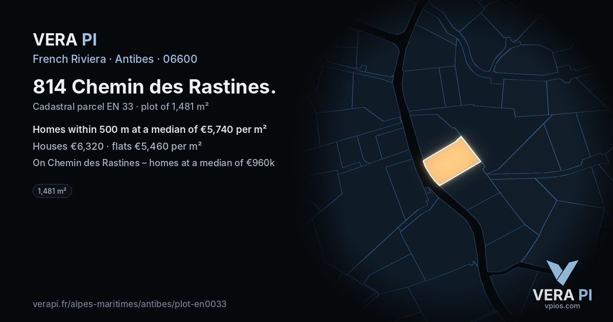 814 Chemin des Rastines, Antibes at night – the plot lit, the parcels around coloured by the prices near them