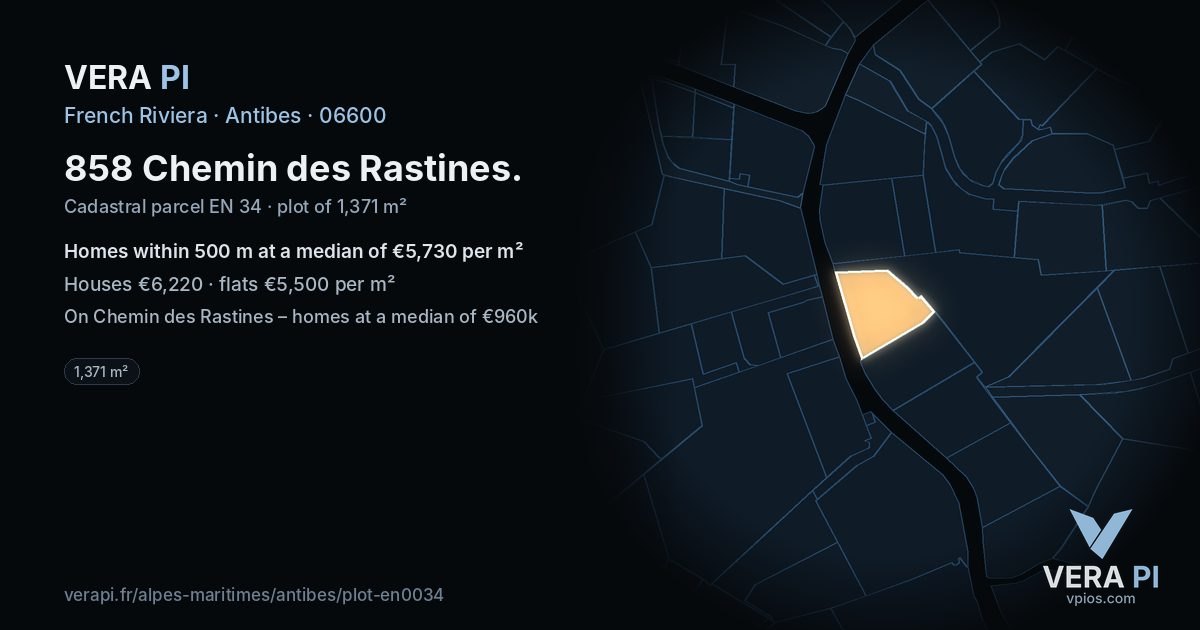858 Chemin des Rastines, Antibes at night – the plot lit, the parcels around coloured by the prices near them