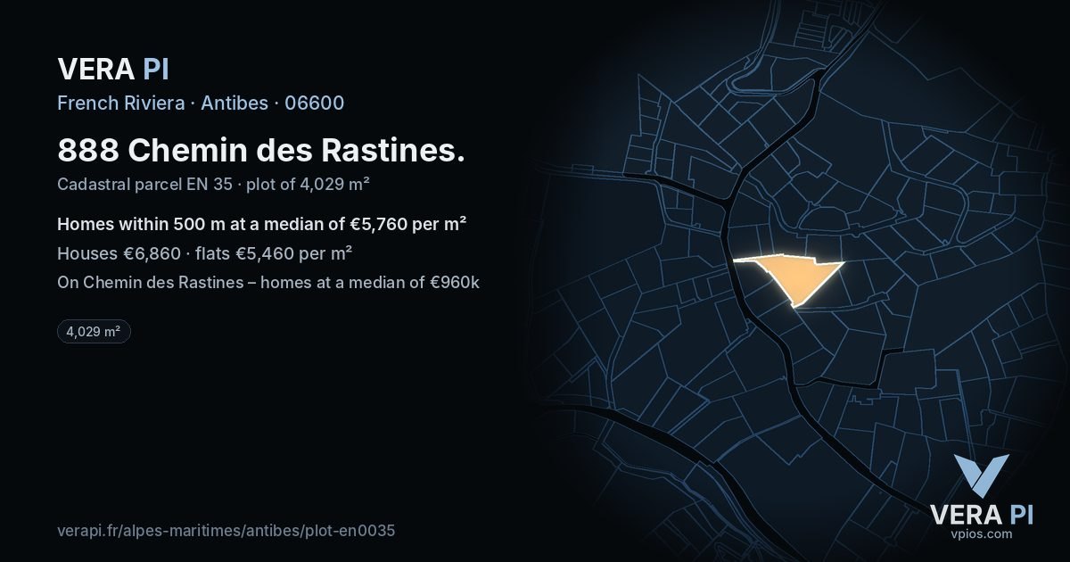 888 Chemin des Rastines, Antibes at night – the plot lit, the parcels around coloured by the prices near them