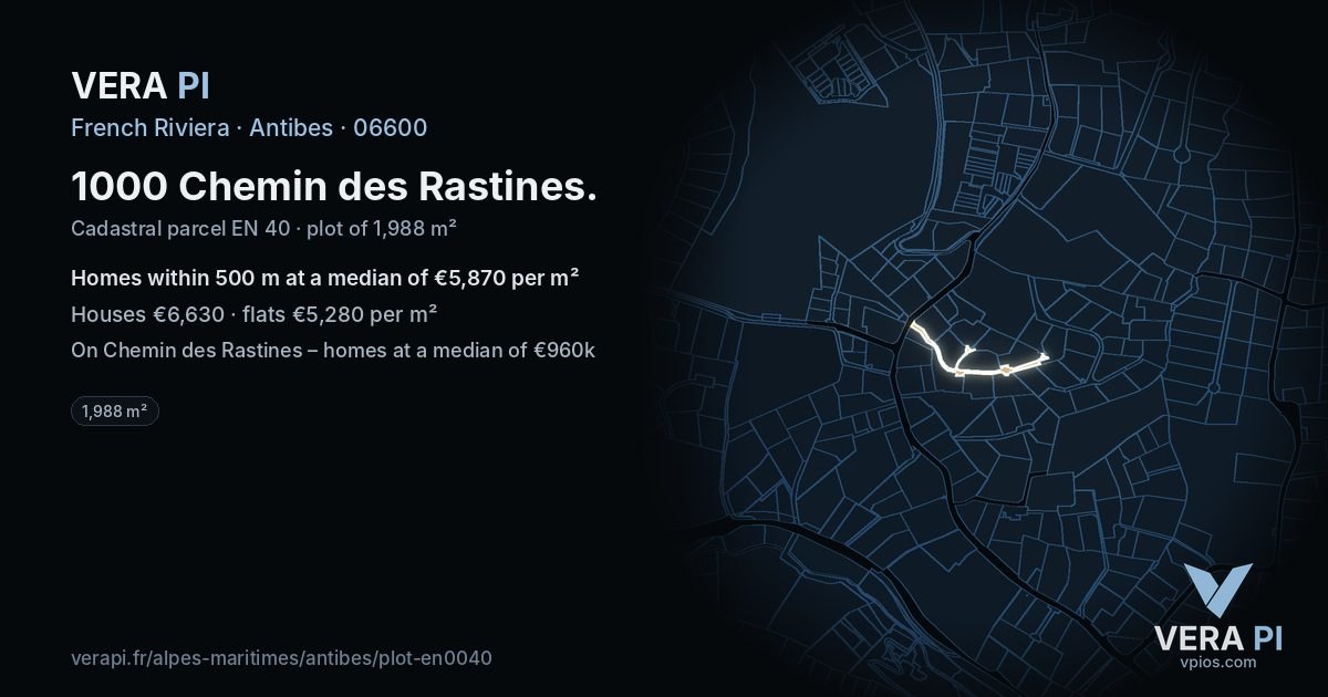 1000 Chemin des Rastines, Antibes at night – the plot lit, the parcels around coloured by the prices near them