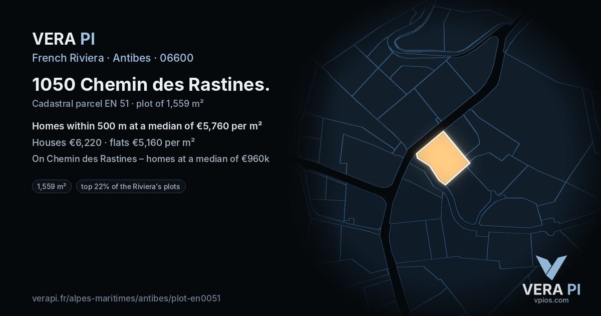 1050 Chemin des Rastines, Antibes at night – the plot lit, the parcels around coloured by the prices near them