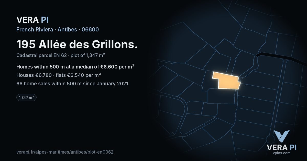 195 Allée des Grillons, Antibes at night – the plot lit, the parcels around coloured by the prices near them