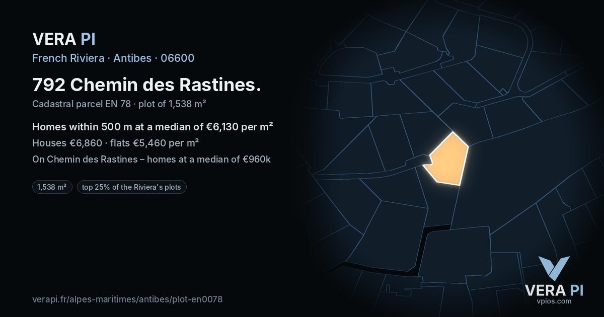 792 Chemin des Rastines, Antibes at night – the plot lit, the parcels around coloured by the prices near them