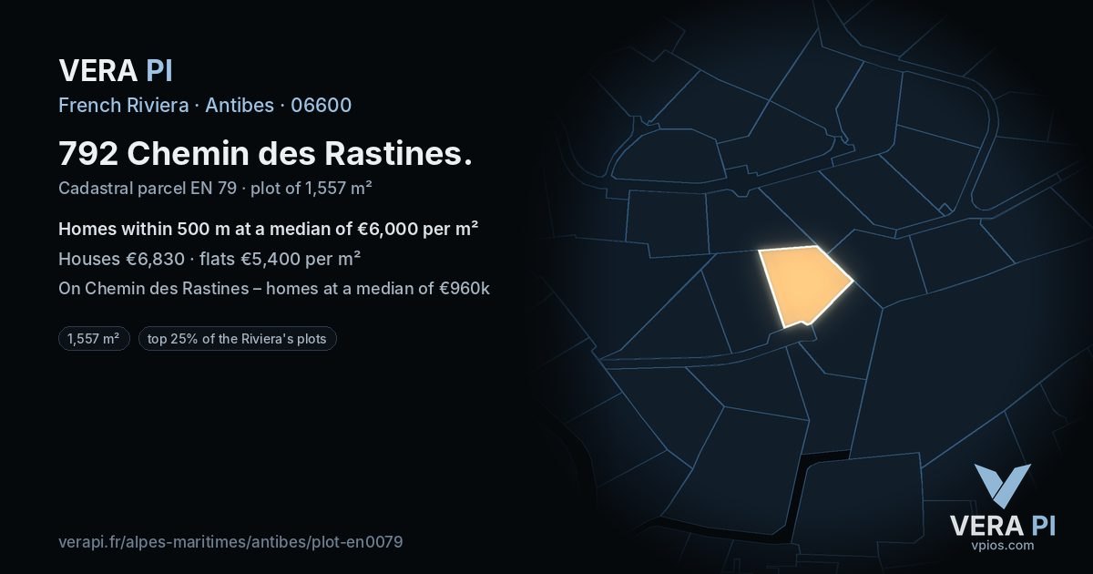 792 Chemin des Rastines, Antibes at night – the plot lit, the parcels around coloured by the prices near them