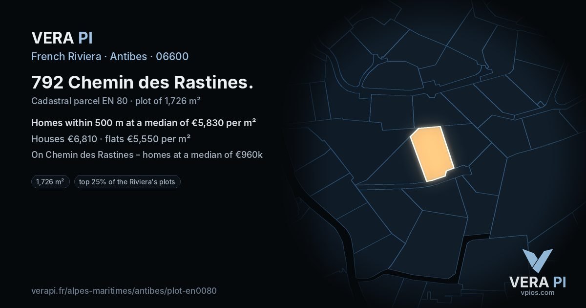 792 Chemin des Rastines, Antibes at night – the plot lit, the parcels around coloured by the prices near them