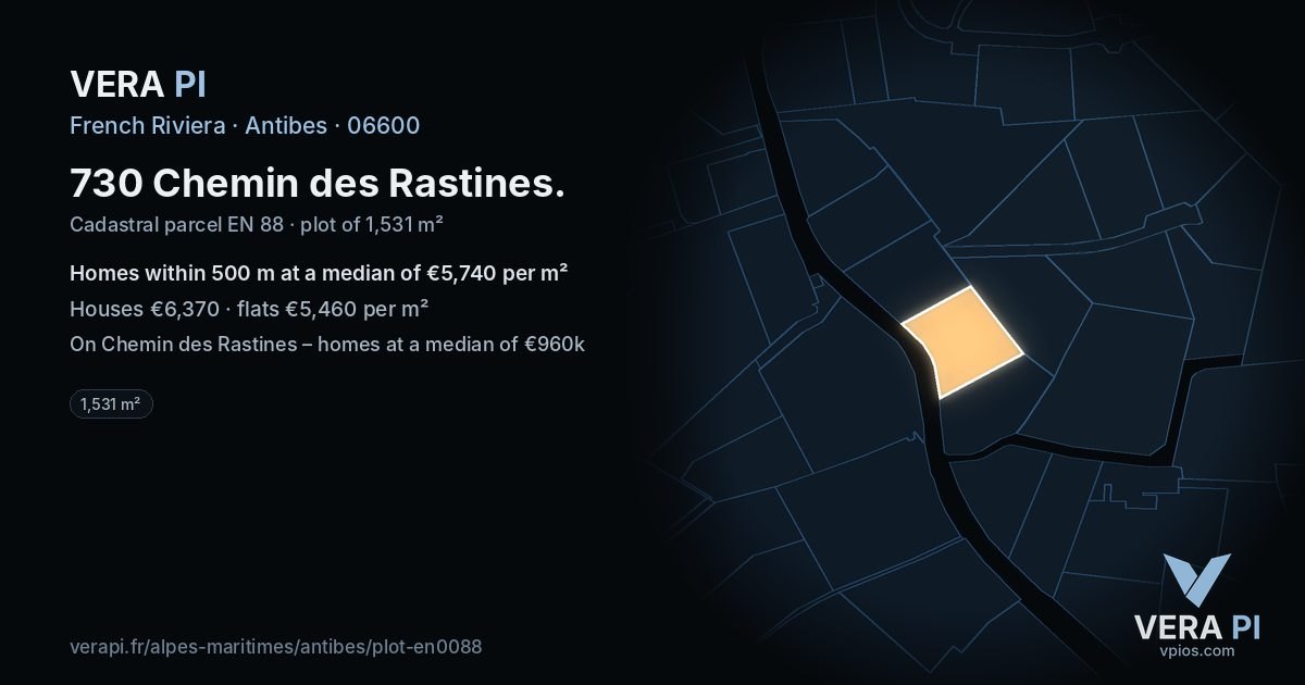 730 Chemin des Rastines, Antibes at night – the plot lit, the parcels around coloured by the prices near them