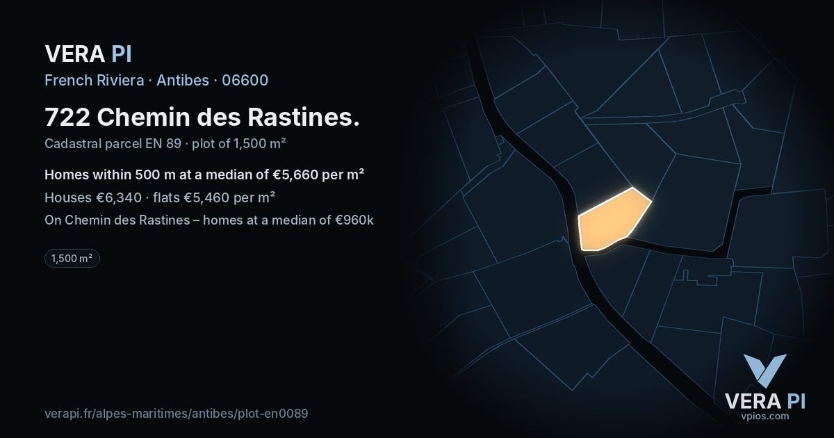 722 Chemin des Rastines, Antibes at night – the plot lit, the parcels around coloured by the prices near them