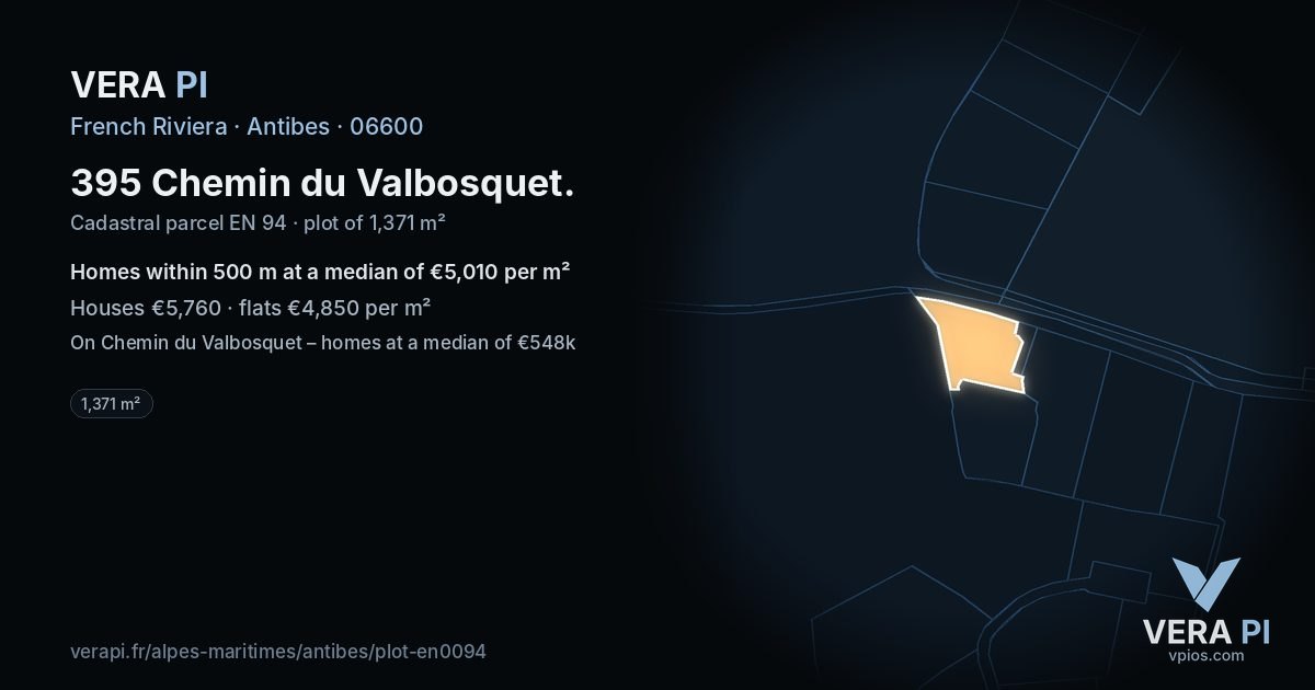 395 Chemin du Valbosquet, Antibes at night – the plot lit, the parcels around coloured by the prices near them