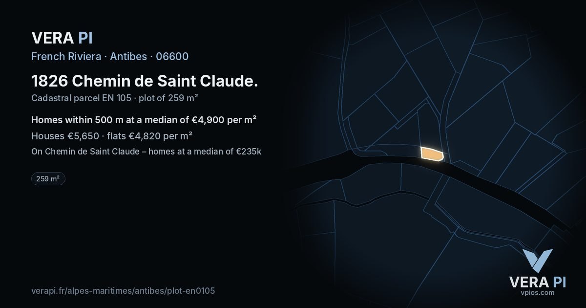 1826 Chemin de Saint Claude, Antibes at night – the plot lit, the parcels around coloured by the prices near them