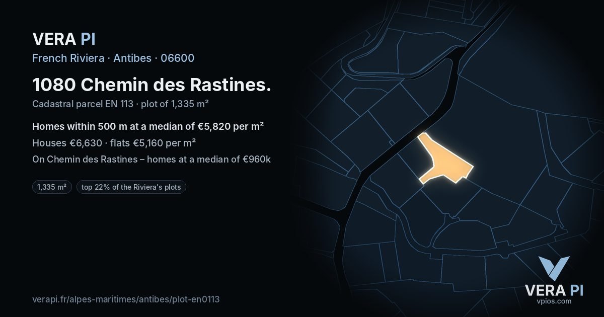 1080 Chemin des Rastines, Antibes at night – the plot lit, the parcels around coloured by the prices near them