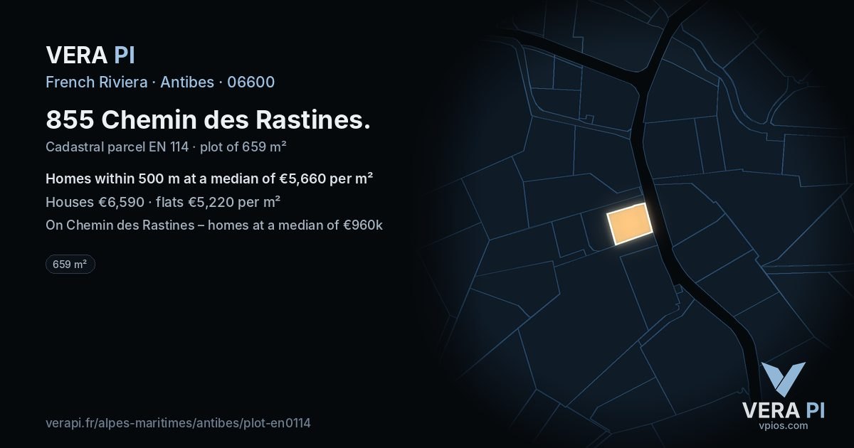 855 Chemin des Rastines, Antibes at night – the plot lit, the parcels around coloured by the prices near them