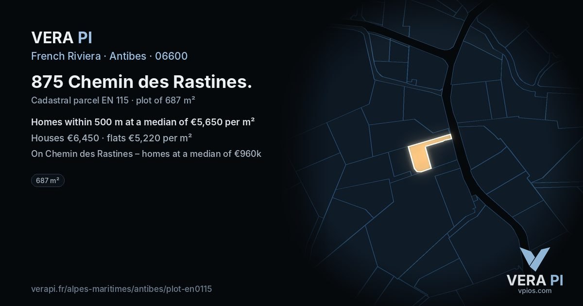 875 Chemin des Rastines, Antibes at night – the plot lit, the parcels around coloured by the prices near them