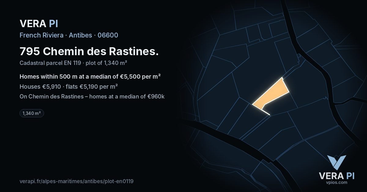 795 Chemin des Rastines, Antibes at night – the plot lit, the parcels around coloured by the prices near them