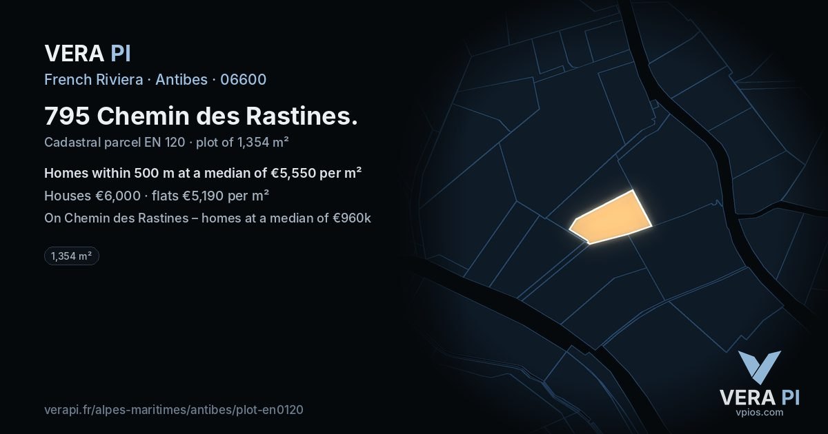795 Chemin des Rastines, Antibes at night – the plot lit, the parcels around coloured by the prices near them