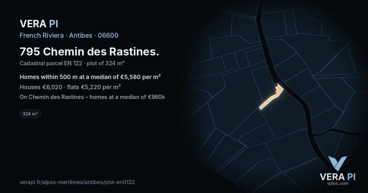 795 Chemin des Rastines, Antibes at night – the plot lit, the parcels around coloured by the prices near them