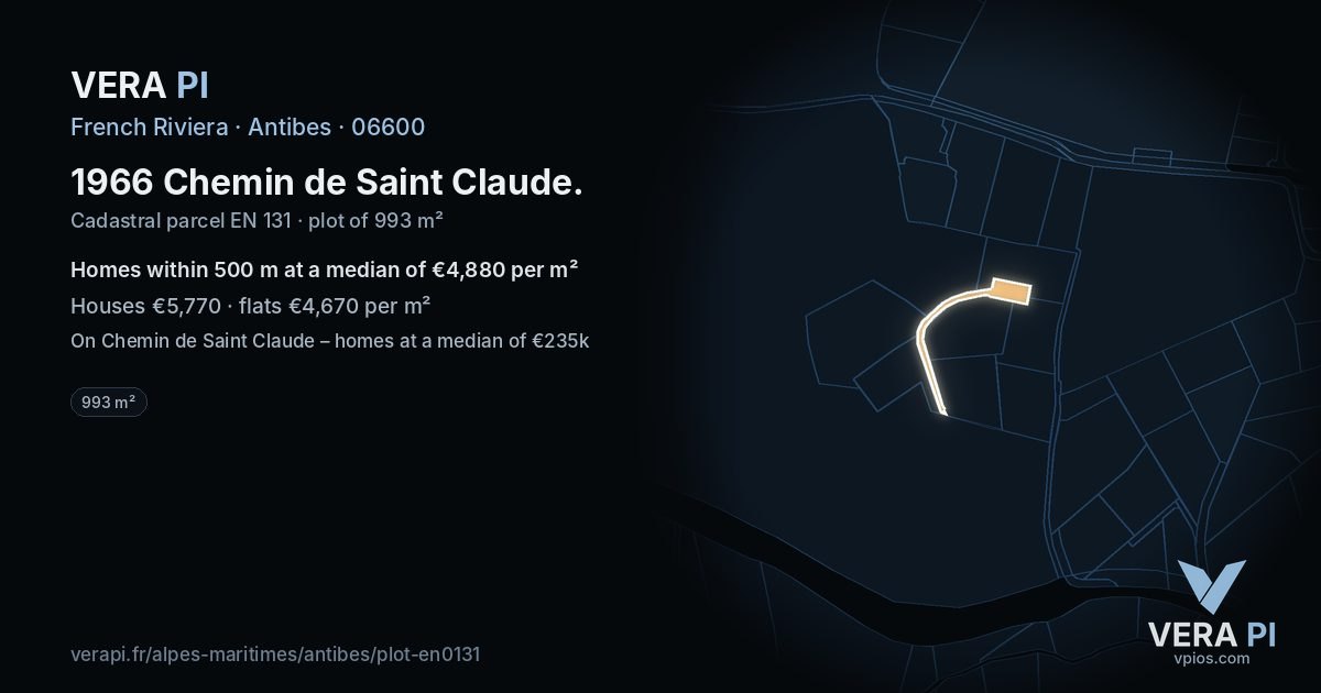 1966 Chemin de Saint Claude, Antibes at night – the plot lit, the parcels around coloured by the prices near them
