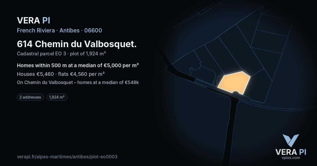 614 Chemin du Valbosquet, Antibes at night – the plot lit, the parcels around coloured by the prices near them