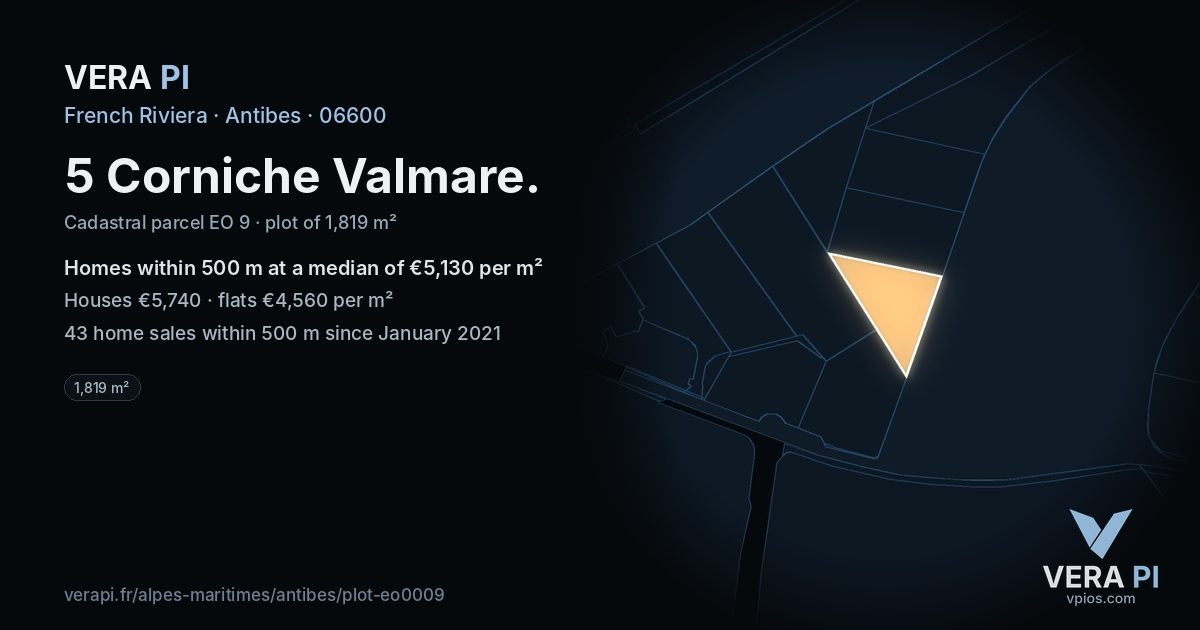 5 Corniche Valmare, Antibes at night – the plot lit, the parcels around coloured by the prices near them