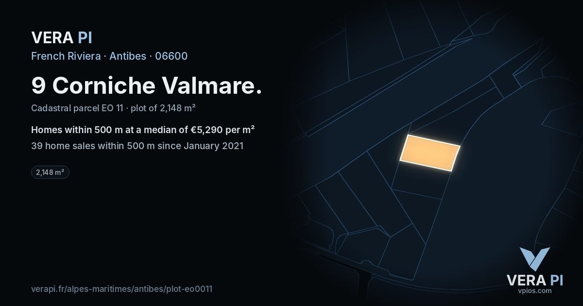 9 Corniche Valmare, Antibes at night – the plot lit, the parcels around coloured by the prices near them