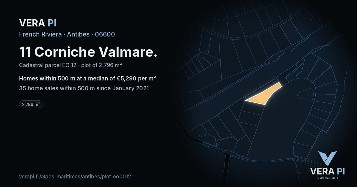 11 Corniche Valmare, Antibes at night – the plot lit, the parcels around coloured by the prices near them