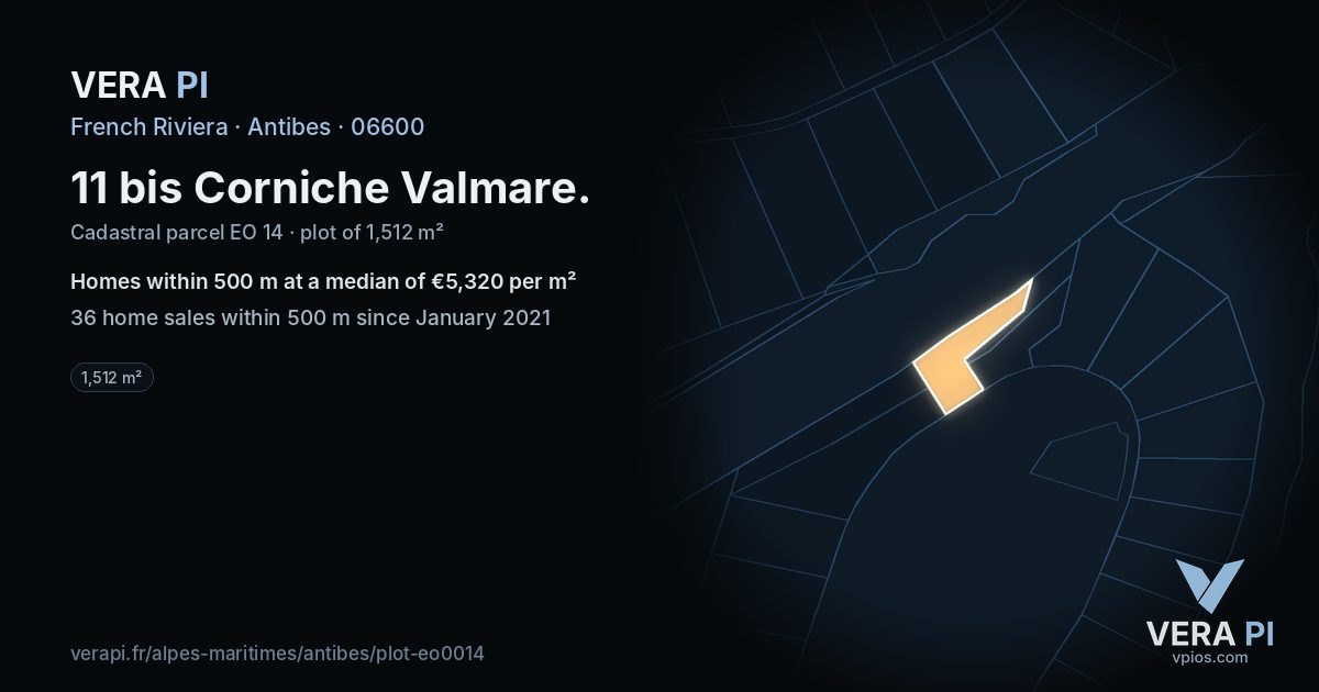 11 bis Corniche Valmare, Antibes at night – the plot lit, the parcels around coloured by the prices near them