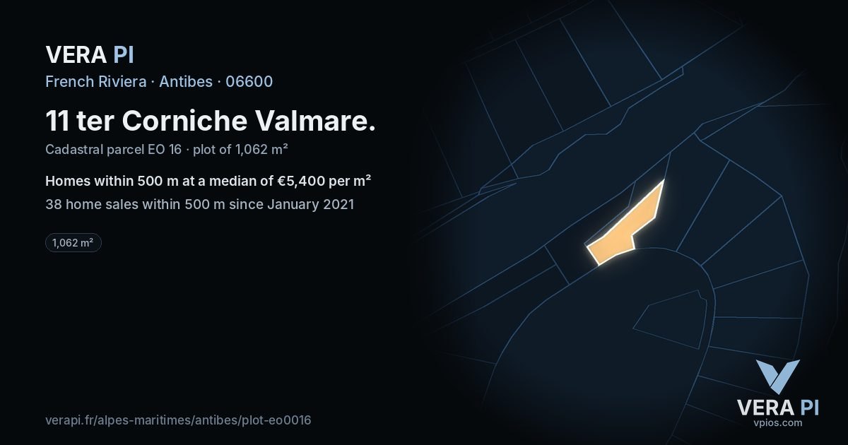 11 ter Corniche Valmare, Antibes at night – the plot lit, the parcels around coloured by the prices near them