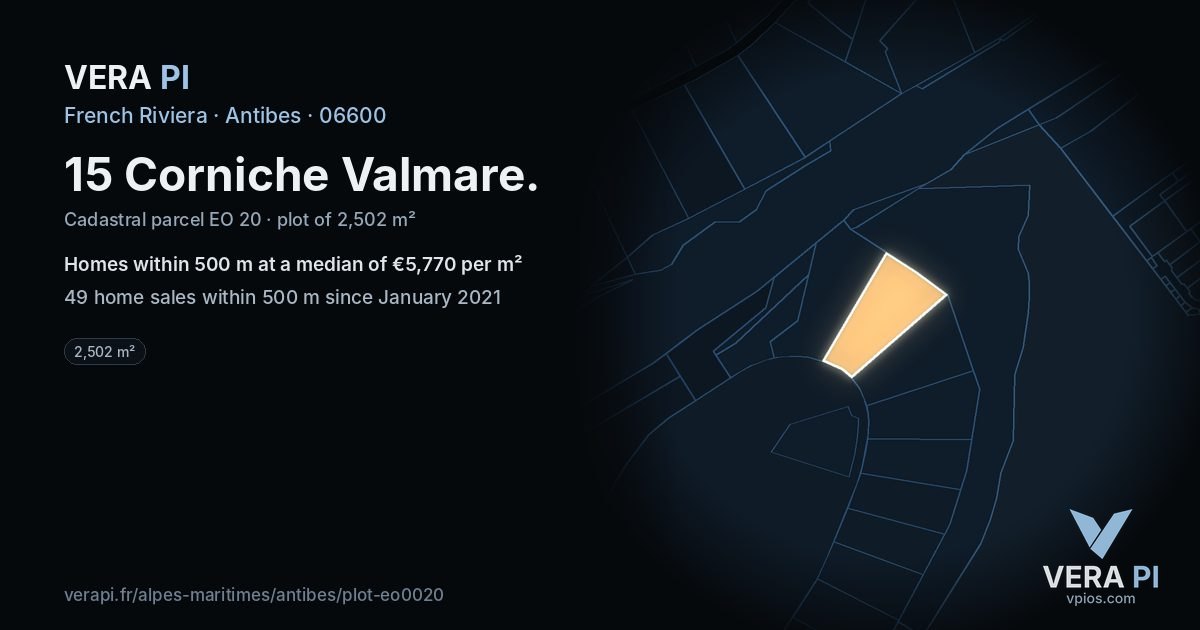 15 Corniche Valmare, Antibes at night – the plot lit, the parcels around coloured by the prices near them