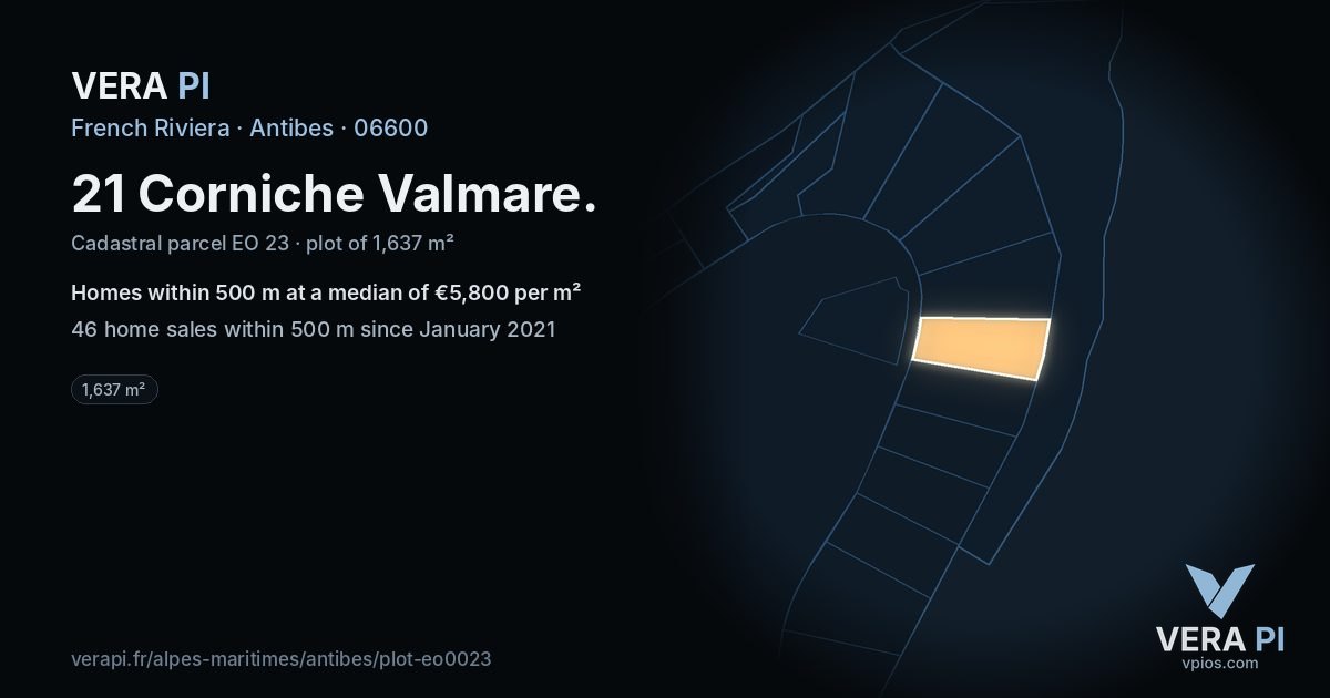 21 Corniche Valmare, Antibes at night – the plot lit, the parcels around coloured by the prices near them