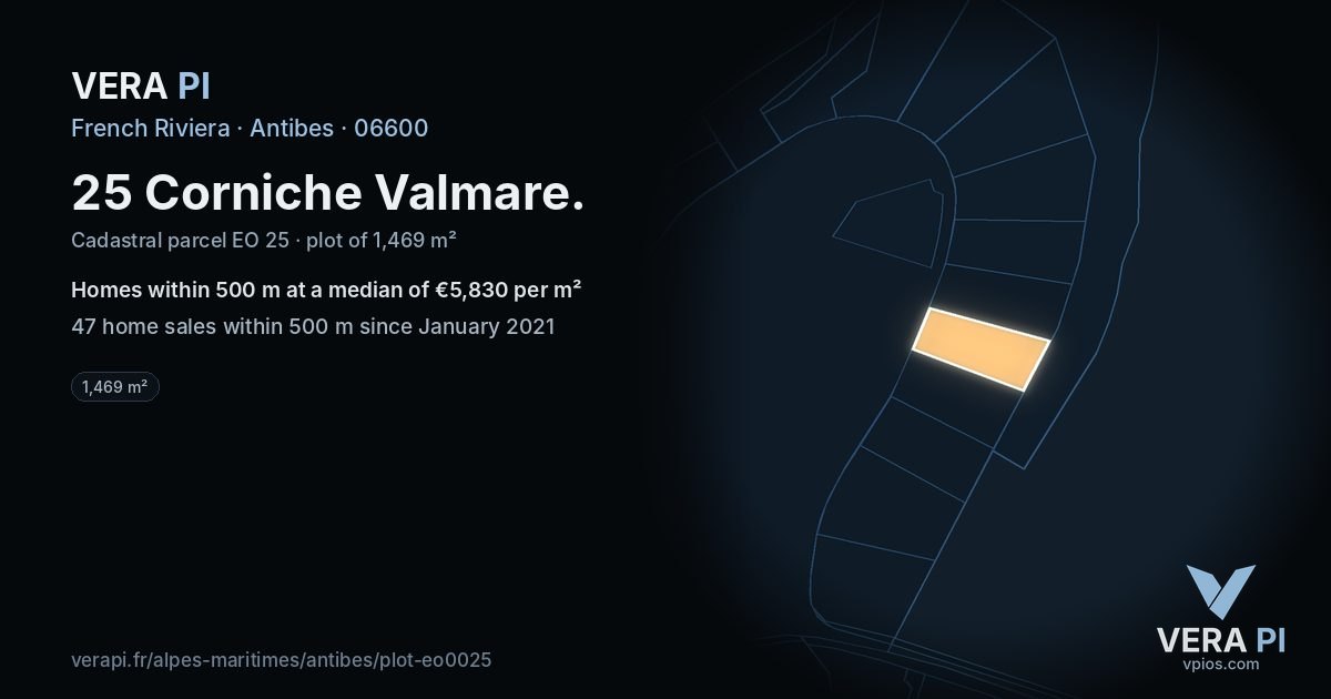 25 Corniche Valmare, Antibes at night – the plot lit, the parcels around coloured by the prices near them