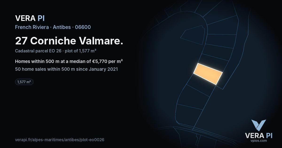 27 Corniche Valmare, Antibes at night – the plot lit, the parcels around coloured by the prices near them