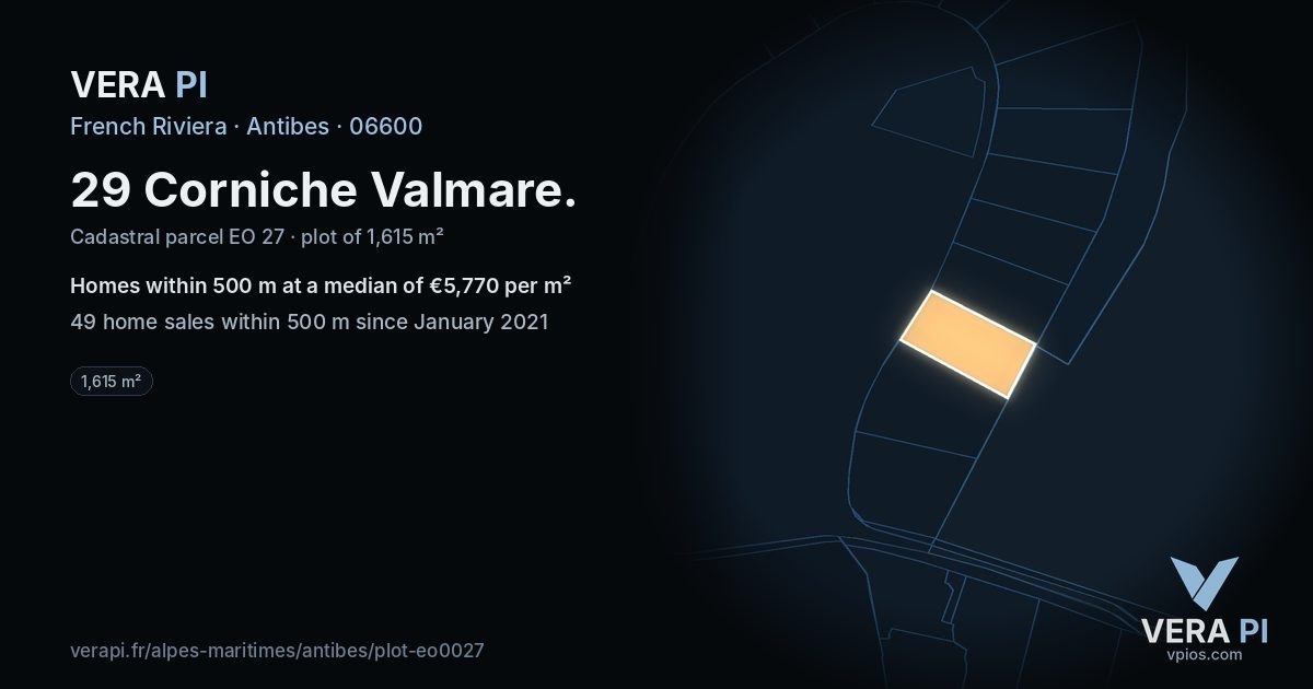 29 Corniche Valmare, Antibes at night – the plot lit, the parcels around coloured by the prices near them