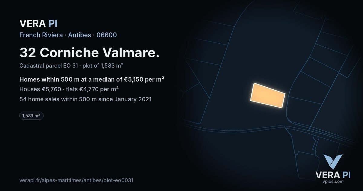 32 Corniche Valmare, Antibes at night – the plot lit, the parcels around coloured by the prices near them