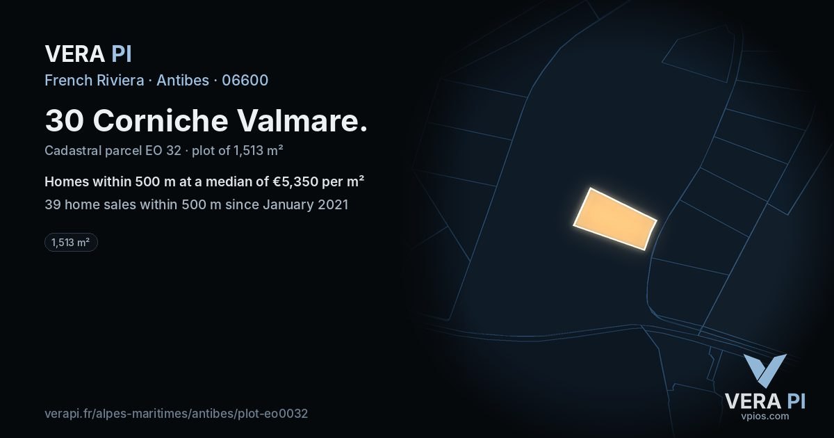 30 Corniche Valmare, Antibes at night – the plot lit, the parcels around coloured by the prices near them