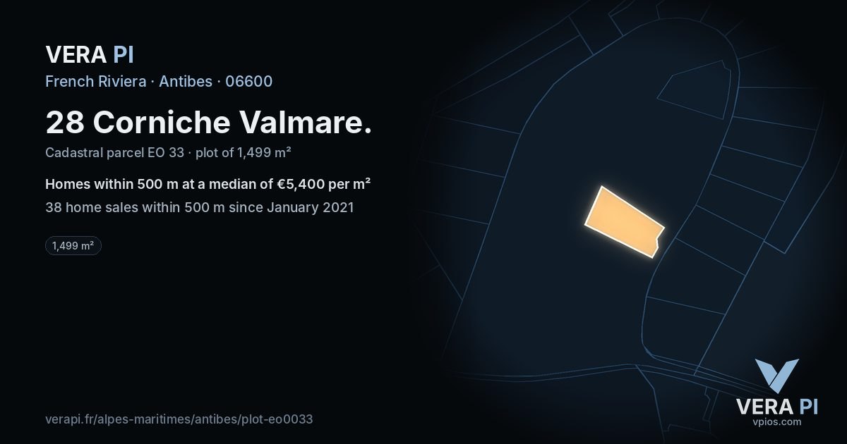 28 Corniche Valmare, Antibes at night – the plot lit, the parcels around coloured by the prices near them