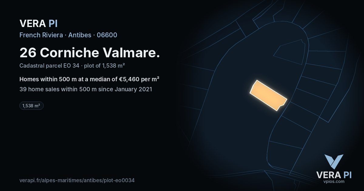 26 Corniche Valmare, Antibes at night – the plot lit, the parcels around coloured by the prices near them