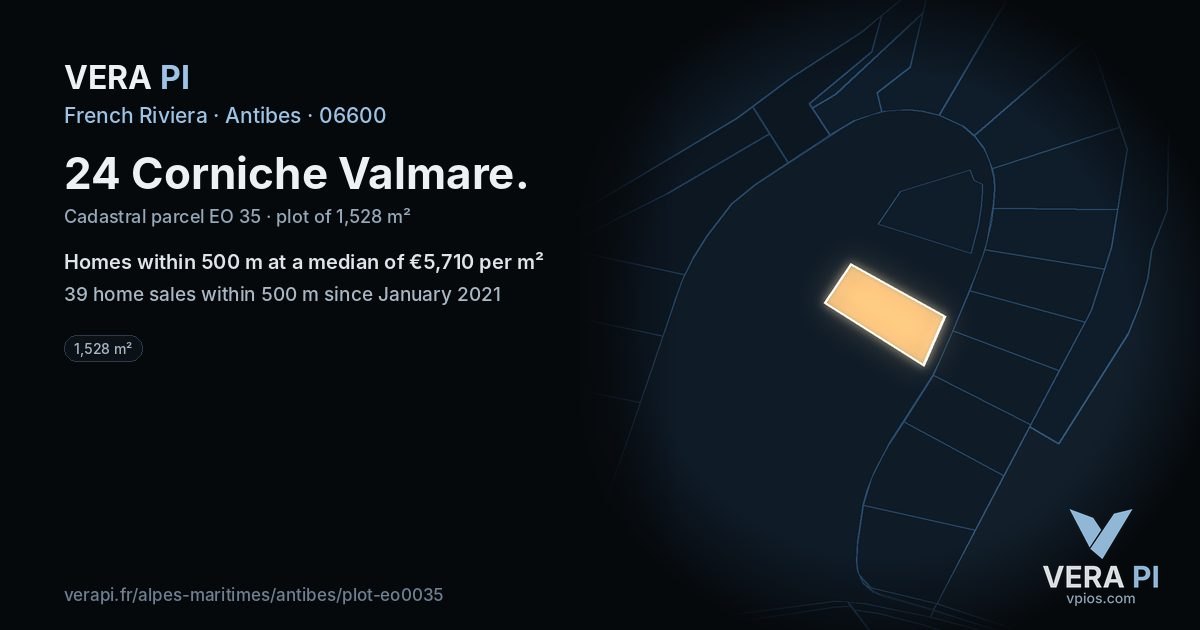 24 Corniche Valmare, Antibes at night – the plot lit, the parcels around coloured by the prices near them