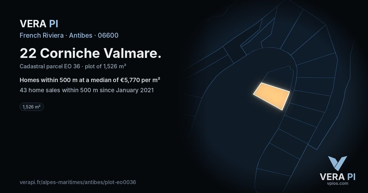 22 Corniche Valmare, Antibes at night – the plot lit, the parcels around coloured by the prices near them