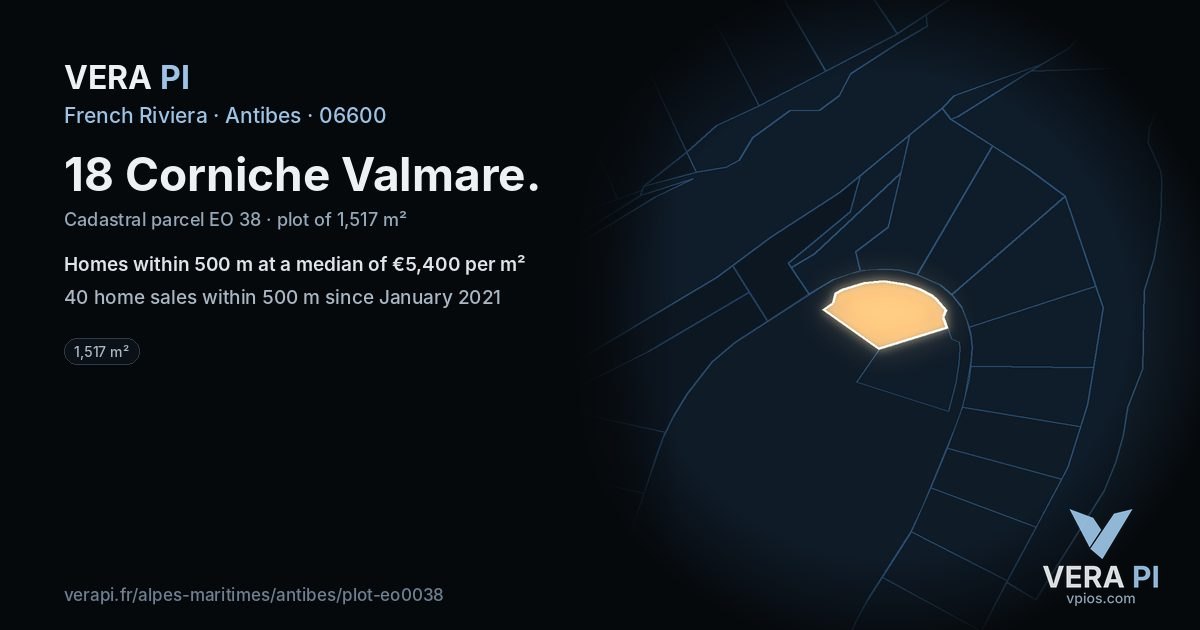 18 Corniche Valmare, Antibes at night – the plot lit, the parcels around coloured by the prices near them