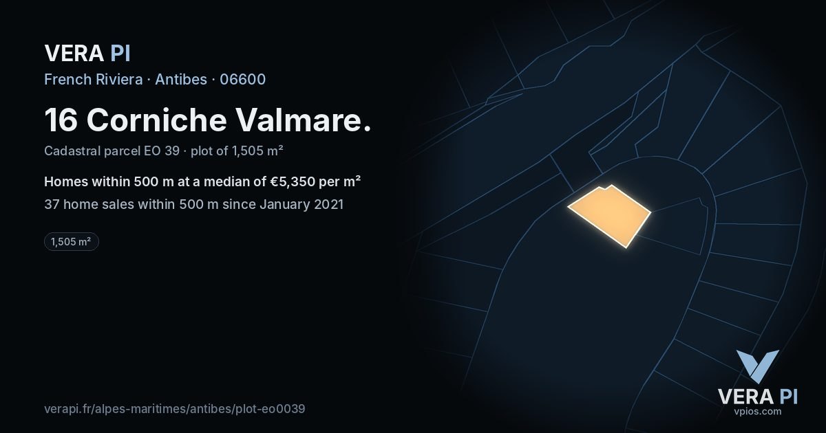 16 Corniche Valmare, Antibes at night – the plot lit, the parcels around coloured by the prices near them