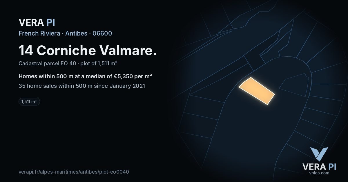 14 Corniche Valmare, Antibes at night – the plot lit, the parcels around coloured by the prices near them