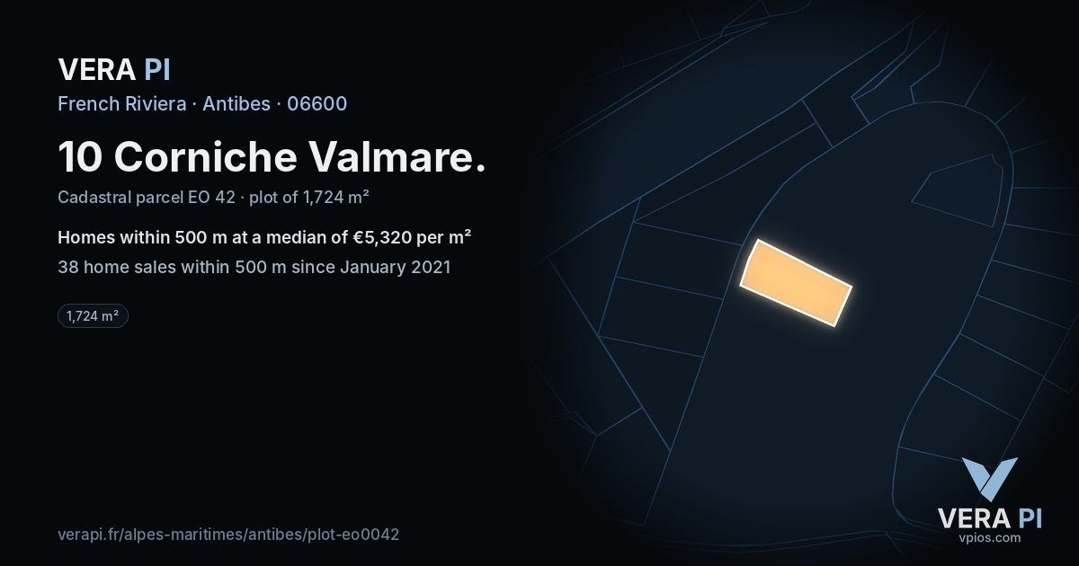 10 Corniche Valmare, Antibes at night – the plot lit, the parcels around coloured by the prices near them