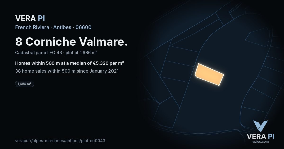 8 Corniche Valmare, Antibes at night – the plot lit, the parcels around coloured by the prices near them