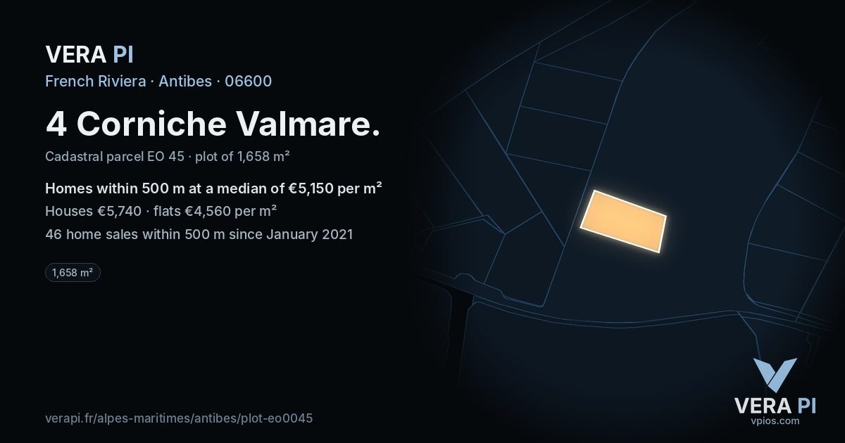 4 Corniche Valmare, Antibes at night – the plot lit, the parcels around coloured by the prices near them