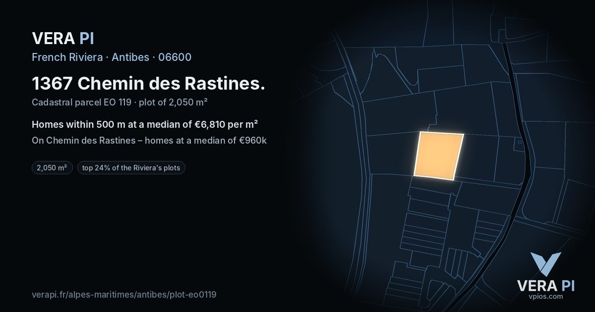 1367 Chemin des Rastines, Antibes at night – the plot lit, the parcels around coloured by the prices near them