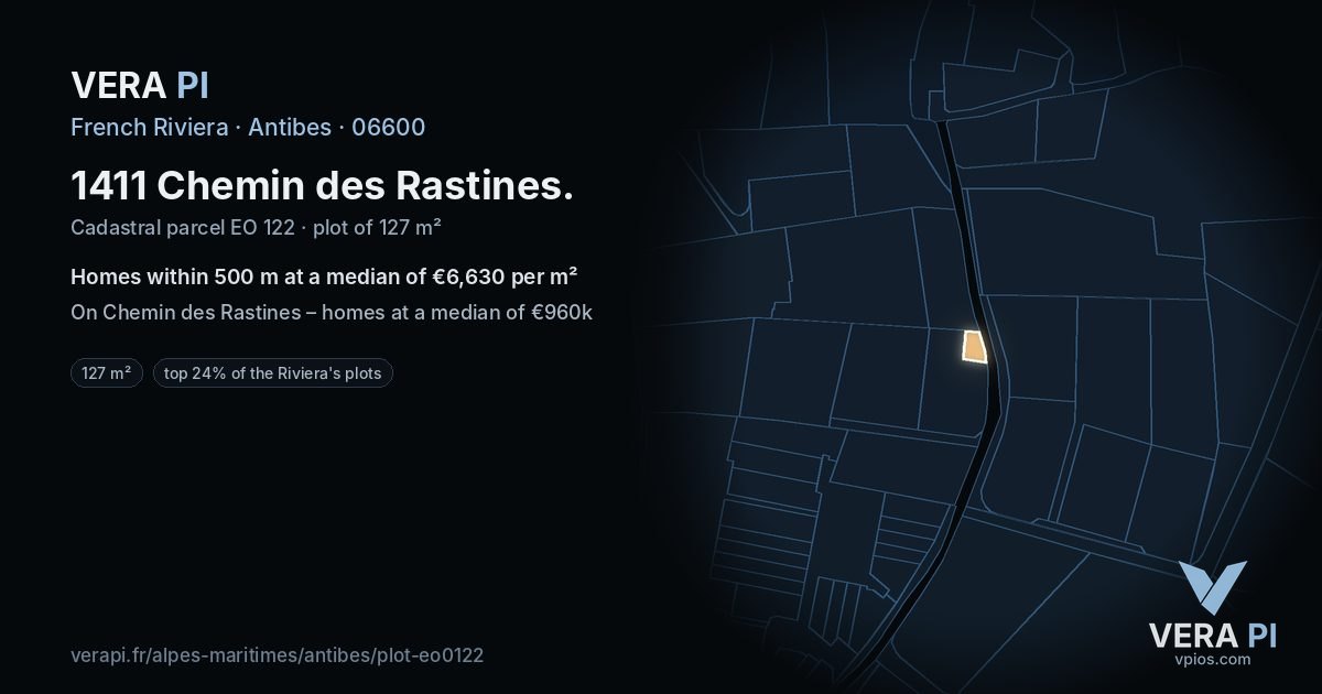 1411 Chemin des Rastines, Antibes at night – the plot lit, the parcels around coloured by the prices near them