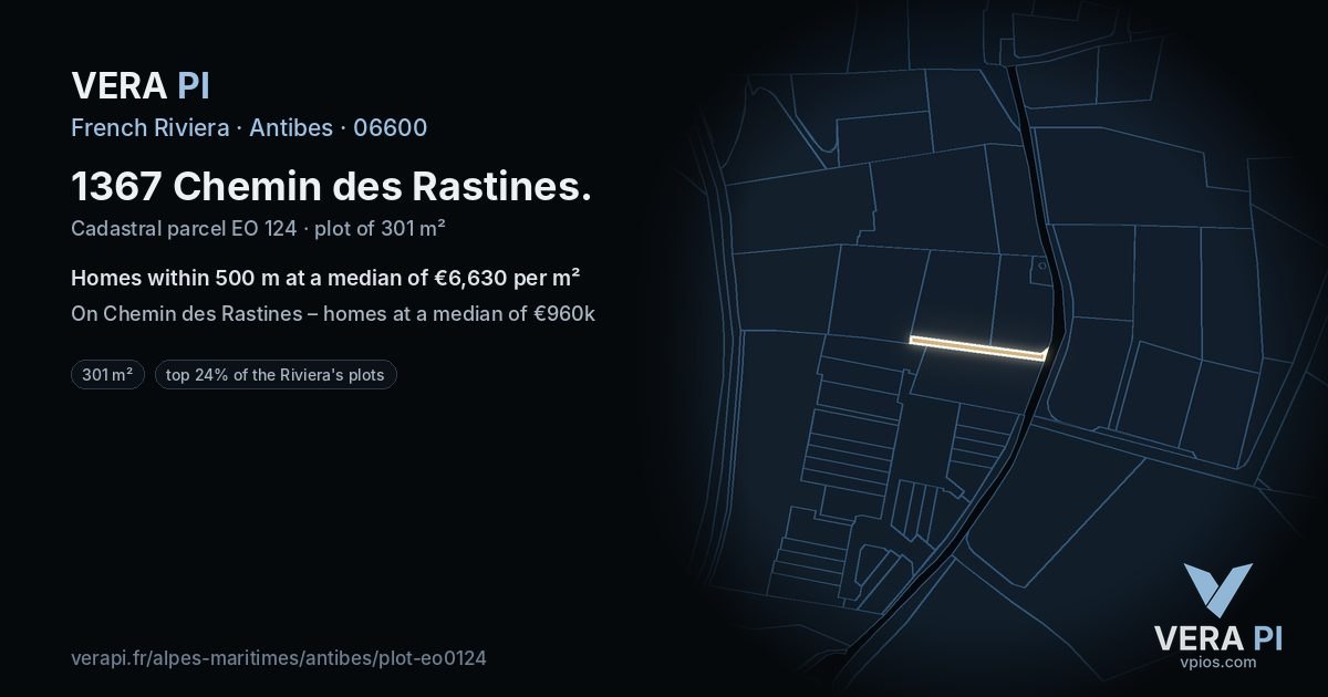 1367 Chemin des Rastines, Antibes at night – the plot lit, the parcels around coloured by the prices near them