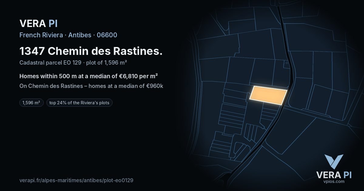 1347 Chemin des Rastines, Antibes at night – the plot lit, the parcels around coloured by the prices near them