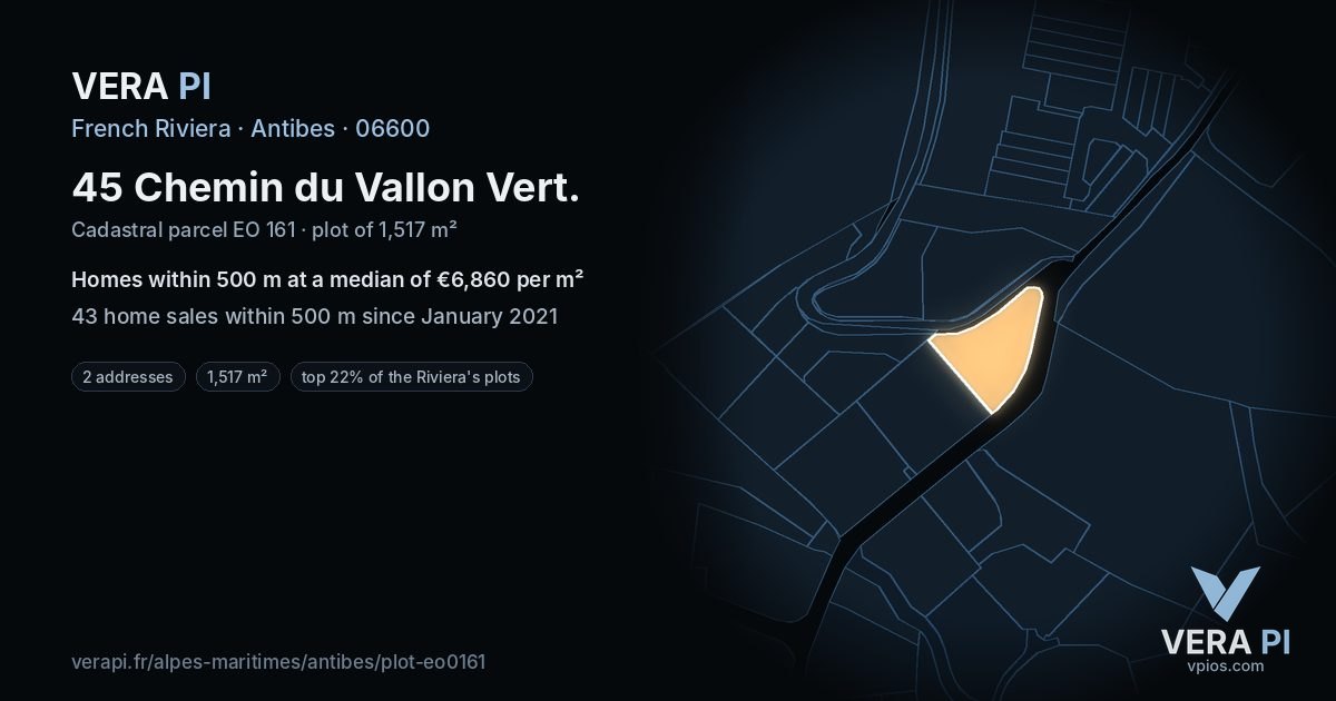 45 Chemin du Vallon Vert, Antibes at night – the plot lit, the parcels around coloured by the prices near them