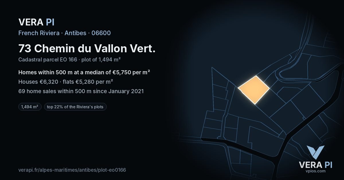 73 Chemin du Vallon Vert, Antibes at night – the plot lit, the parcels around coloured by the prices near them